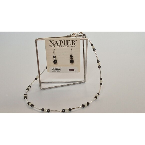 NAPIER SILVER TONE BLACK STONE NECKLACE W EARRINGS LOT NOS - Picture 1 of 7